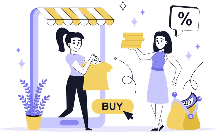 Une fille bénéficie d'une réduction en faisant des achats en ligne  Illustration