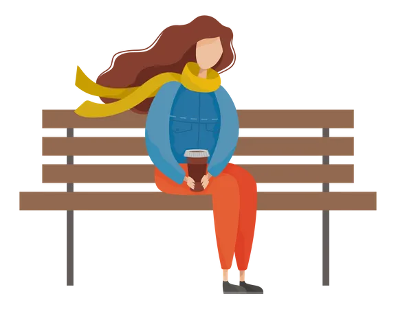 Fille buvant du café tout en étant assise sur un banc de parc  Illustration