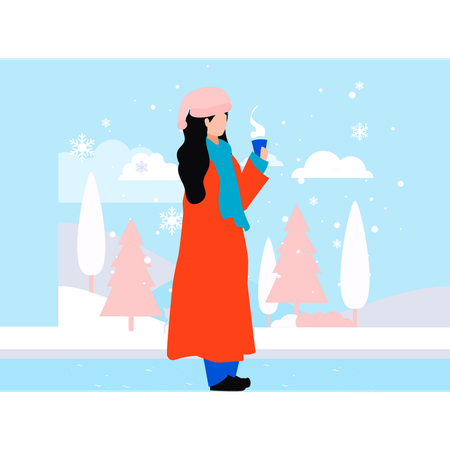 La fille boit du café chaud en hiver  Illustration