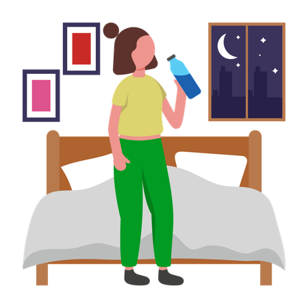 Fille buvant de l'eau avant de dormir  Illustration