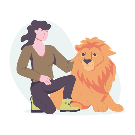 Fille caressant un lion  Illustration