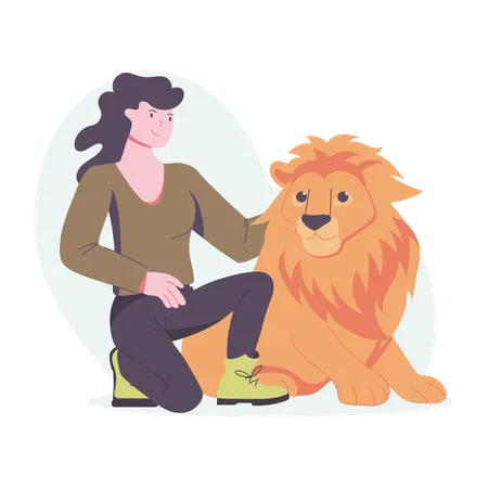 Fille caressant un lion  Illustration