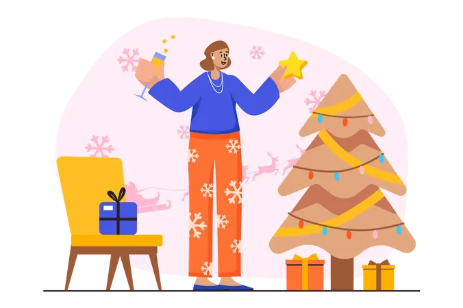 Fille célébrant Noël à la maison  Illustration