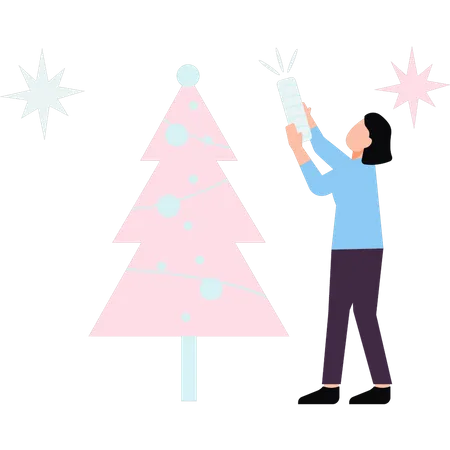 Fille célébrant Noël avec des feux d'artifice  Illustration