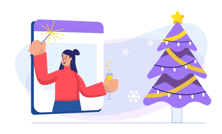 Fille célébrant Noël en ligne  Illustration