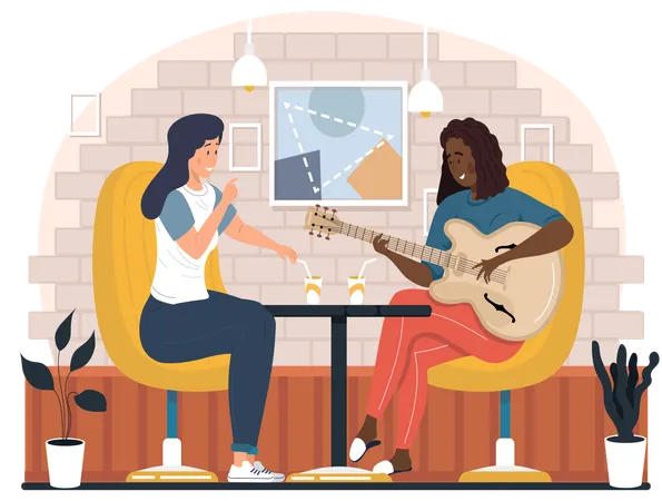 Une fille chante une chanson à son amie et joue de la guitare  Illustration