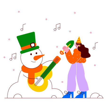 Fille chantant une chanson avec bonhomme de neige  Illustration