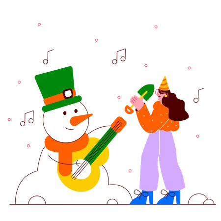 Fille chantant une chanson avec bonhomme de neige  Illustration