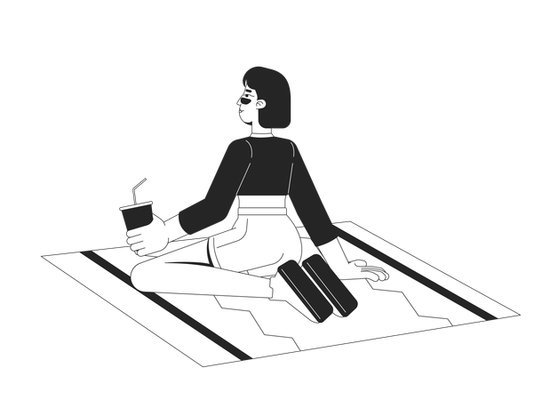 Fille chinoise branchée de la génération Z assise à genoux sur un tapis à motifs  Illustration