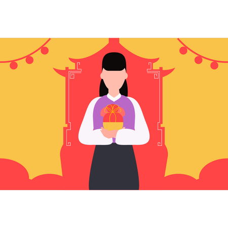 Fille chinoise tenant une boîte cadeau  Illustration