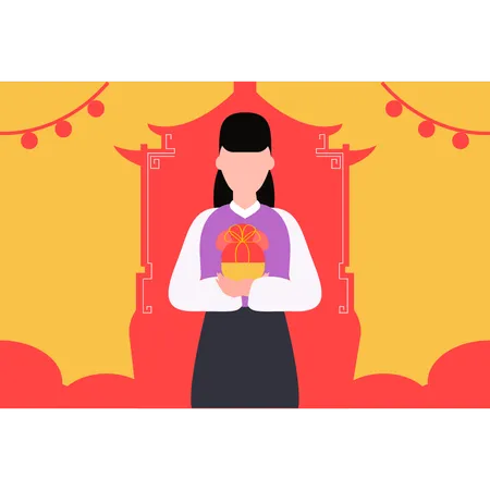 Fille chinoise tenant une boîte cadeau  Illustration