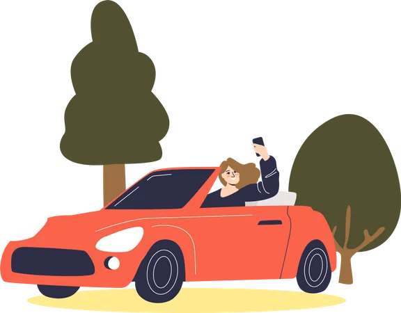 Fille cliquant sur selfie en conduisant une voiture sur la route  Illustration