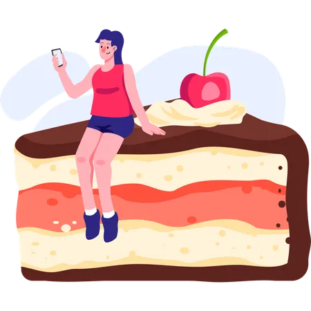 Fille commandant un gâteau depuis une application en ligne  Illustration