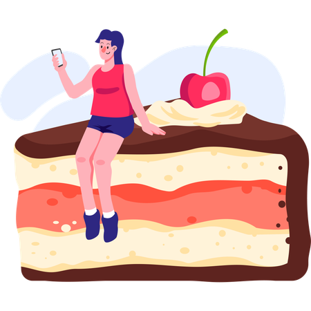 Fille commandant un gâteau depuis une application en ligne  Illustration