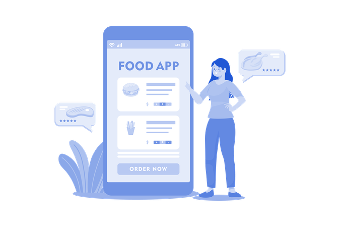 Fille commander de la nourriture à partir d'une application mobile  Illustration