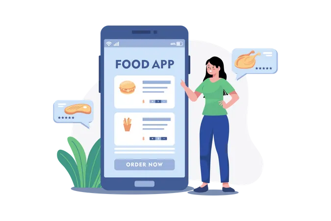 Fille commander de la nourriture à partir d'une application mobile  Illustration