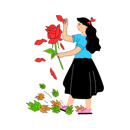 Fille comptant les pétales de rose en tombant amoureuse  Illustration