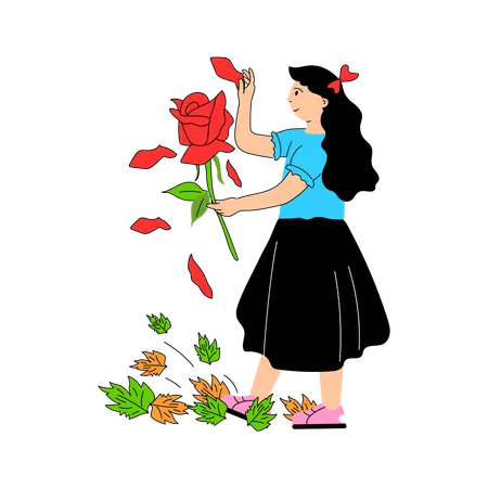 Fille comptant les pétales de rose en tombant amoureuse  Illustration