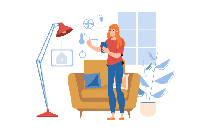 Une fille contrôle sa maison intelligente à l'aide de son téléphone  Illustration