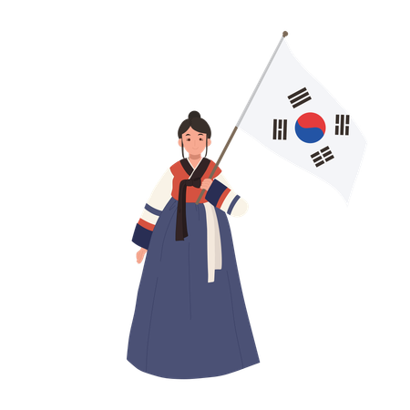 Heureuse fille coréenne portant du hanbok avec le drapeau de la Corée du Sud  Illustration