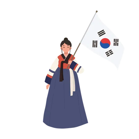 Heureuse fille coréenne portant du hanbok avec le drapeau de la Corée du Sud  Illustration