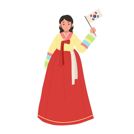 Heureuse fille coréenne portant du hanbok avec le drapeau de la Corée du Sud  Illustration