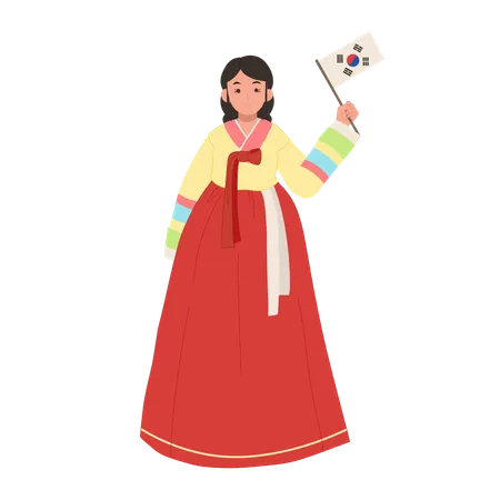 Heureuse fille coréenne portant du hanbok avec le drapeau de la Corée du Sud  Illustration