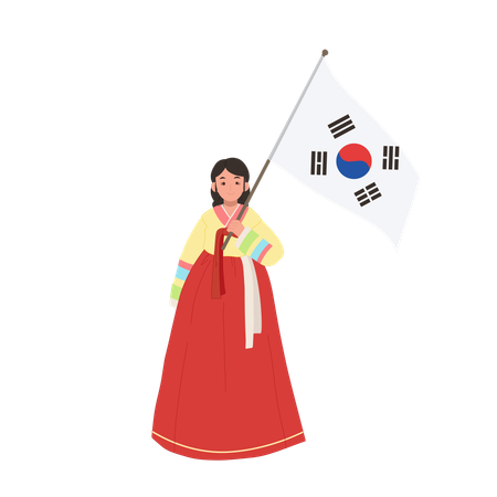 Heureuse fille coréenne portant du hanbok avec le drapeau de la Corée du Sud  Illustration