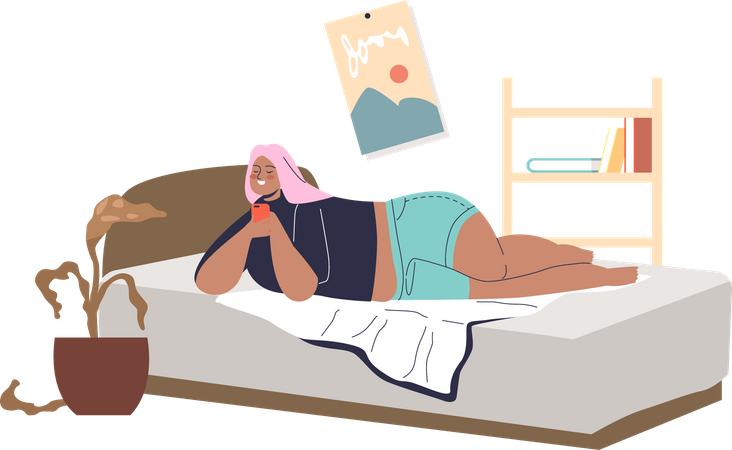 Fille couchée dans son lit en discutant au téléphone  Illustration