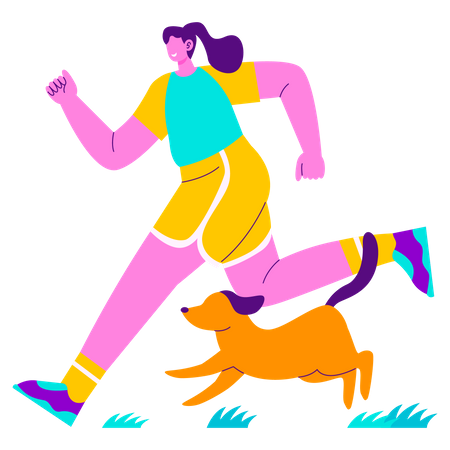 Fille qui court avec un chien  Illustration