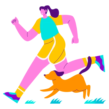 Fille qui court avec un chien  Illustration