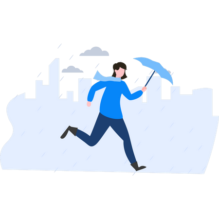 Fille qui court avec un parapluie sous une forte pluie  Illustration