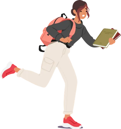 Fille courant avec un sac à dos et une pile de livres dans les mains étant en retard aux leçons à l'université  Illustration