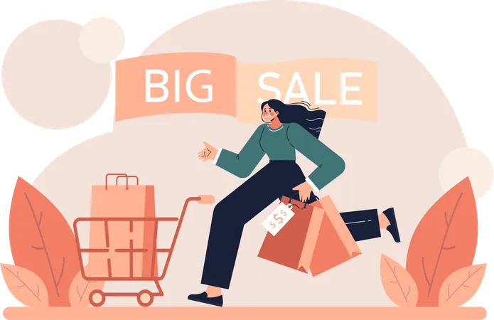 Fille courant pour faire du shopping en grande vente  Illustration