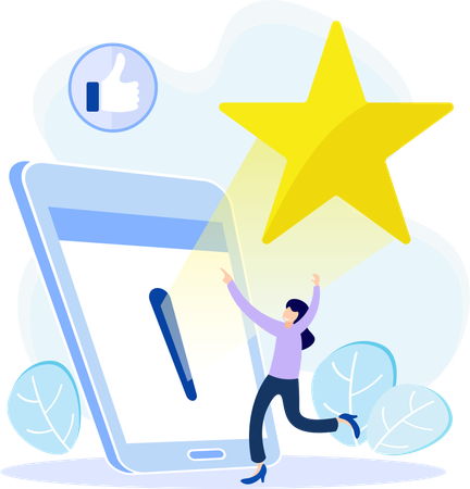 Une fille qui court en regardant les avis des clients en ligne  Illustration
