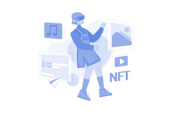 Fille créant de l'art NFT à l'aide de la technologie virtuelle  Illustration