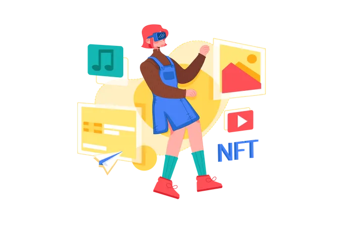 Fille créant de l'art NFT à l'aide de la technologie virtuelle  Illustration