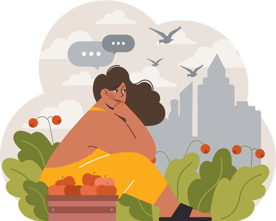 Fille cueillant une pomme sur le toit  Illustration