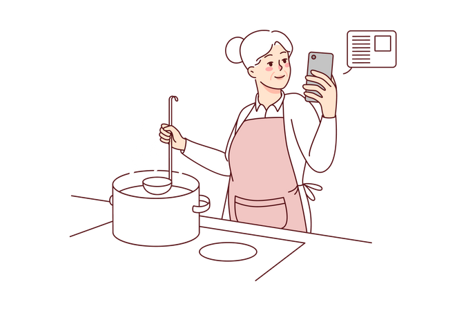 Fille cuisinant à partir d'un didacticiel de recettes en ligne  Illustration