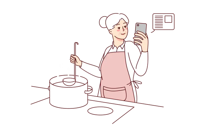 Fille cuisinant à partir d'un didacticiel de recettes en ligne  Illustration