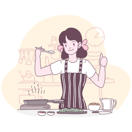 Fille cuisinant dans la cuisine  Illustration