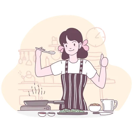 Fille cuisinant dans la cuisine  Illustration