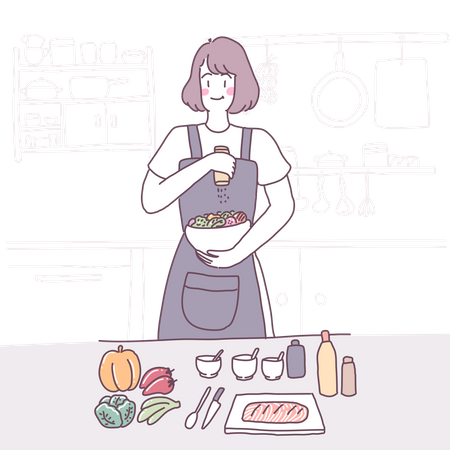 Fille cuisinant dans la cuisine  Illustration