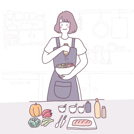 Fille cuisinant dans la cuisine  Illustration