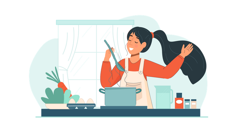 Fille cuisinant dans la cuisine  Illustration