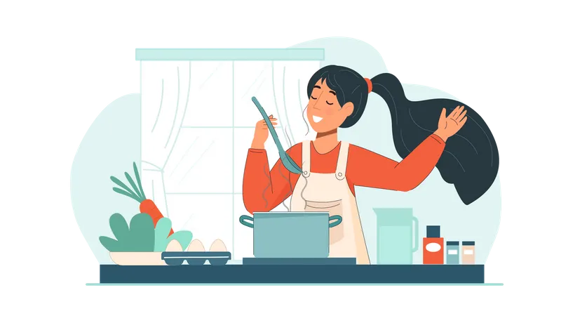 Fille cuisinant dans la cuisine  Illustration