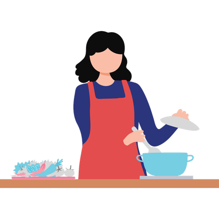 Fille cuisinant de la nourriture dans la cuisine  Illustration