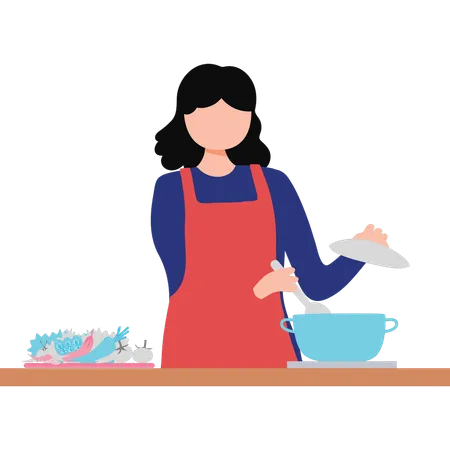 Fille cuisinant de la nourriture dans la cuisine  Illustration