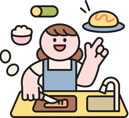 Fille cuisinant de la nourriture dans la cuisine  Illustration