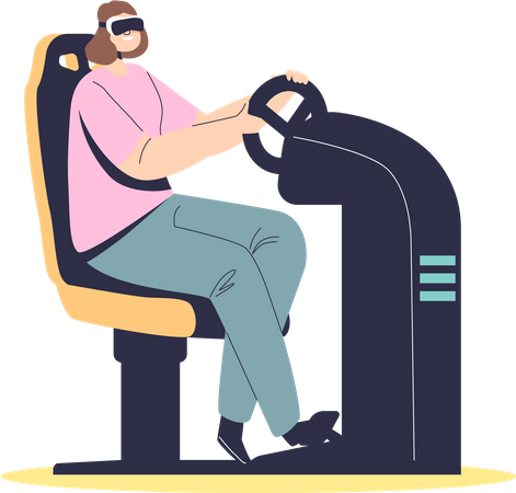 Fille dans des lunettes vr jouant à l'aide du joystick du volant  Illustration